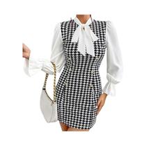 Vestido Casual De Verão Sexy Com Estampa Contrastante E Laço, Manga Longa E Corte Slim