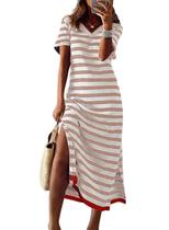 Vestido casual Dokotoo com decote em V e manga curta listrado para mulheres