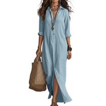 Vestido casual feminino azul-claro com decote V e manga 3/4 Vestido casual feminino azul-claro com decote V e manga 3/4
