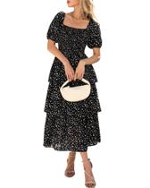 Vestido casual feminino BTFBM com gola quadrada e manga folhada Vestido casual feminino BTFBM com gola quadrada e manga folhada
