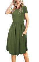 Vestido casual feminino com bolso de manga de verão Modest Travel Midi Knee verde militar S Vestido casual feminino com bolso de manga de verão Modest Travel Midi Knee verde militar S