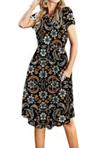 Vestido casual feminino de verão, manga curta, bolso, joelho, trabalho, preto, Paisley XXL