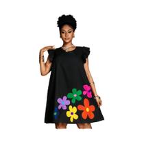 Vestido casual feminino estampado com decote redondo