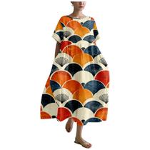Vestido casual feminino MARSVOVO com estampa artística japonesa laranja plus size