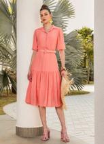 Vestido Casual Femino Midi de Manga Longa com Botões Salmão