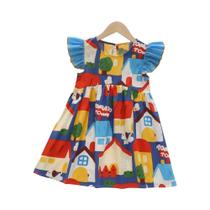Vestido Casual Infantil Feminino Com Estampa De Urso E Grafite, Modelo Evasê Com Recortes E Manga