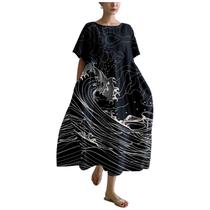 Vestido casual MARSVOVO Black Ocean Waves Print para mulheres