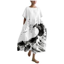 Vestido casual MARSVOVO feminino, arte japonesa, preto, branco, tamanho grande