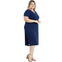Vestido Casual Médio Visco Lycra Com Botões e Fenda Decote V Plus Size Feminino Moda Verão 47824A