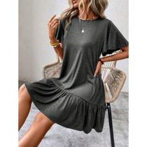 Vestido Casual Uma Maria Manga De Borboleta Com Babado Franzida Verão Solto Evangélicos Preto Midi E