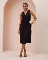 Vestido Cavado Decote V com Fivela Orgânica - Lunender - Vermelho / Preto