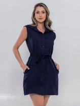 Vestido Chemise Alfaiataria Azul Marinho Regata Com botões E Cinto