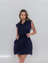 Vestido Chemise Alfaiataria Azul Marinho Regata Com botões ou zíper E Cinto