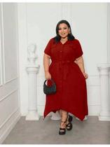 Vestido Chemise Feminina Plus Size Longa Tamanho Grande Boho Chic Botoes Midi Bico Camisão Chamise com cinto