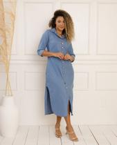 Vestido Chemise Jeans com Manga Chamise Camisão Moda Feminina Slim e Plus Size