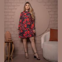 Vestido Chemise Liso Estampado Manga Longa com Botões Frontais - Vestido Chemise Liso Estampado Manga Longa com Botões Frontais -