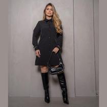 Vestido Chemise Liso Estampado Manga Longa com Botões Frontais - Vestido Chemise Liso Estampado Manga Longa com Botões Frontais -