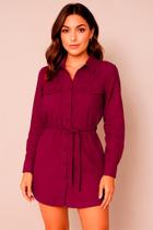 Vestido Chemise Manga Longa Com Cinto De Tecido Linho B2951