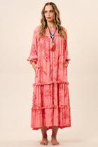 Vestido Chemise Midi Com Mangas Longas Rosa Estampado Yacamim E15 Vestido Chemise Midi Com Mangas Longas Rosa Estampado Yacamim E15