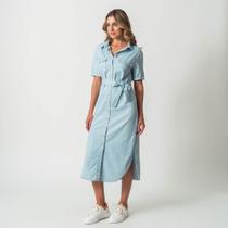Vestido Chemise Midi Jeans Leve Fendas Laterais Cinto Delavê