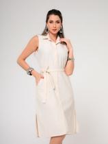 Vestido Chemise Midi linho Feminino com Fechamento Frontal em Botões, Acompanha cinto e Bolsos Laterais