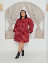 Vestido Chemise Plus Size Manga Longa Princesa E Bolso Xadre