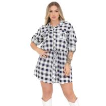 Vestido Chemise Xadrez Feminino Manga Longa Ajustável botões Camisão