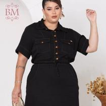 Vestido Chemisiê, Plus Size, Viscojeans, Preto, Presponto, Bolso Frontal e Lateral, Ajuste Cintura, Rosarrara BM1265P