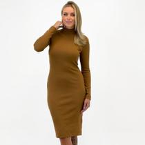 Vestido Chess Midi Canelado Manga Longa Gola Alta Feminino