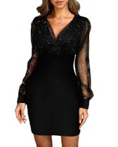 Vestido CHICME Glitter Party com decote em V, malha transparente, manga lanterna