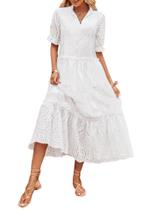 Vestido chouyatou Summer Boho, bordado, ilhó, decote em V, branco Vestido chouyatou Summer Boho, bordado, ilhó, decote em V, branco