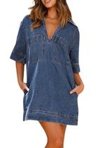 Vestido chouyatou Summer Loose Fit, decote em V, mini jeans, azul escuro
