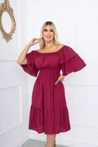 Vestido Ciganinha Midi Moda Evangélica Lastex Com Elástico - BORDO