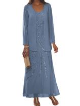 Vestido Clothfun com decote em V para mãe da noiva com jaqueta azul aço