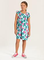 Vestido Com Bababo na Manga Verão Menina Verde Floral