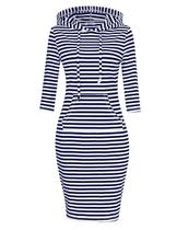 Vestido com capuz MISSKY Stripe Pocket Slim Sweatshirt azul marinho e branco