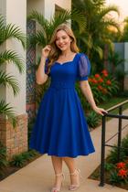 Vestido Com Cinto Plus Size Gode Evangelico Elegante Decote Em V Manga Tule Tecido Premium