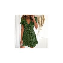 Vestido com decote em V, manga curta, cintura alta, estampa de leopardo, verde Vestido com decote em V, manga curta, cintura alta, estampa de leopardo, verde
