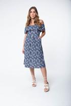 Vestido com Saia Evasê com Pregas Stela - Floral Marinho