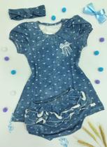 Vestido com tapa fralda frufru e tiara na mesma estampa