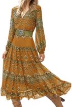 Vestido comprido feminino de manga comprida, bainha com babados, decote em V, cintura, vestido maxi étnico de chiffon country, estampa floral, outono, primavera, plissado, casual, esvoaçante, casual, imperial, vestido longo, amarelo