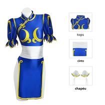 Vestido Cosplay Chun-Li Azul - Traje Qipao Completo para Festa