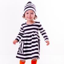 Vestido Cotton Listrado + Touca Listrada com Pompom