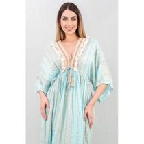 Vestido Crepe Longo Manga Morcego Bordado Franjas Estilo Boho