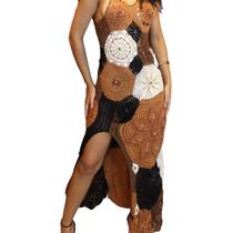 Vestido Crochê Bordado Feminino Longo Com Fenda Vestido Crochê Bordado Feminino Longo Com Fenda