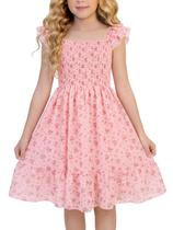 Vestido Cubear Girls, manga com babados, floral, avental, rosa