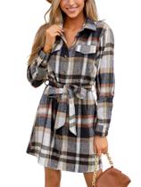 Vestido CUPSHE Camisa feminina com botões, mangas compridas, xadrez, marrom, S