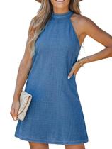 Vestido CUPSHE de verão com gola alta Halter A Line Swing Blue para mulheres