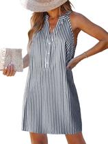 Vestido CUPSHE, listrado de verão, decote em V, sem mangas, azul marinho Vestido CUPSHE, listrado de verão, decote em V, sem mangas, azul marinho