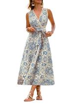 Vestido CUPSHE Paisley Floral Maxi com decote em V, acabamento em renda, azul, feminino